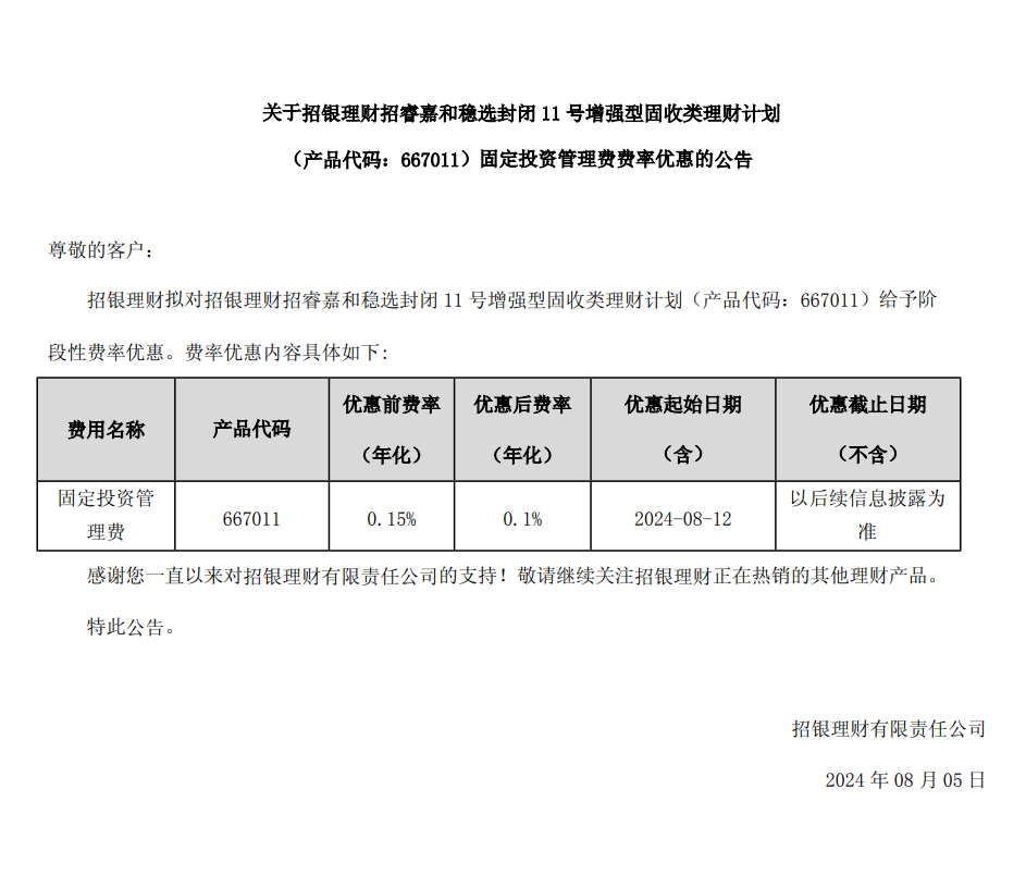 招银理财：拟对招睿嘉和稳选封闭11号增强型固收类理财给予费率优惠